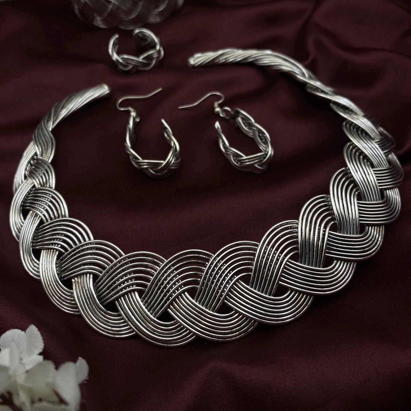 Oxidized Silver Braided Jewelry Set – Statement Necklace, Cuff Bracelet, Hoop Earrings & Ring | Boho Tribal Jewelry Set by Quirky Fashions