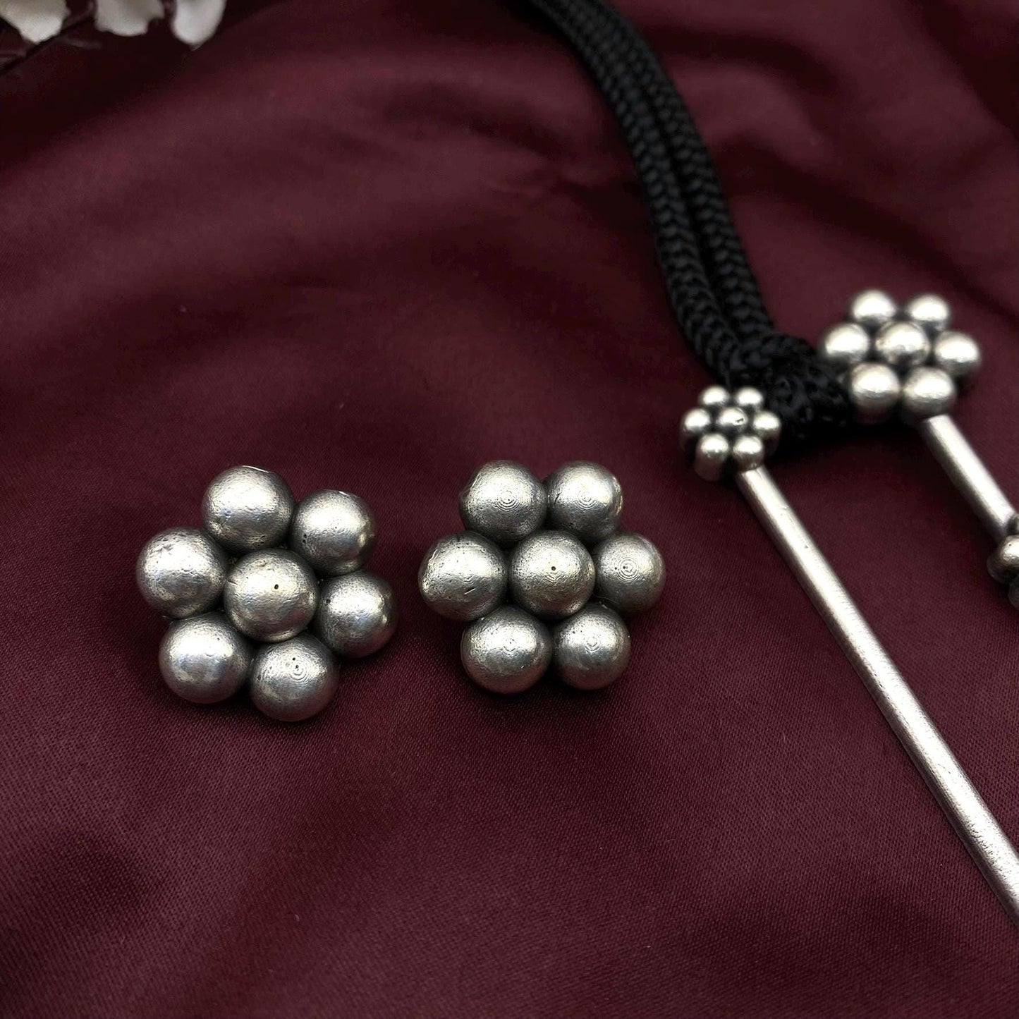 Oxidized Silver Geometric Floral Pendant Necklace Set | Handmade Tribal Jewelry with Stud Earrings