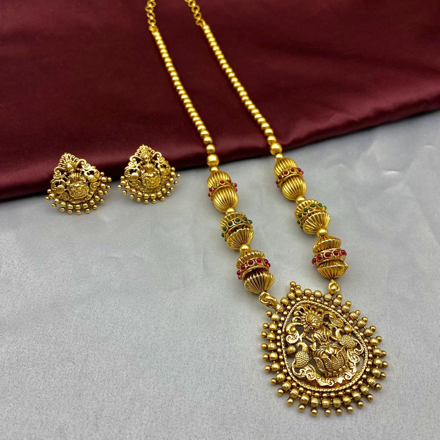 South Indian Temple Jewelry Necklace Set | Handmade Goddess Lakshmi Pendant Necklace with Earrings | Bridal Jewelry by Quirky Fashions