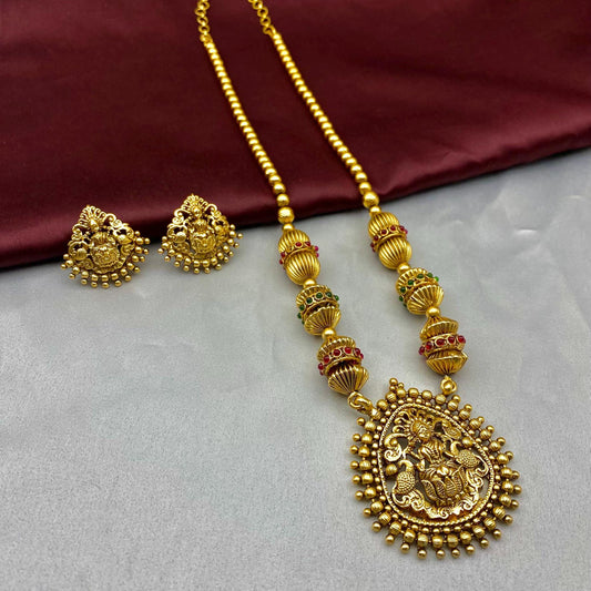 South Indian Temple Jewelry Necklace Set | Handmade Goddess Lakshmi Pendant Necklace with Earrings | Bridal Jewelry by Quirky Fashions
