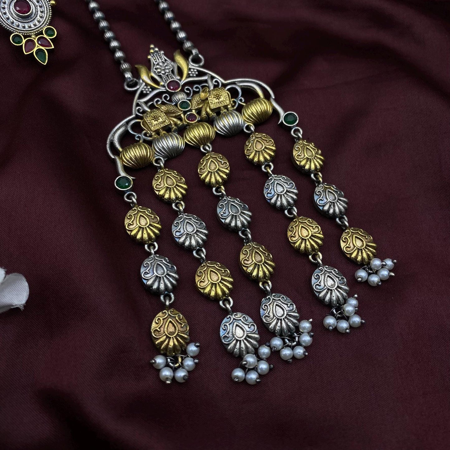 Handmade Temple Jewelry Long Necklace Set | Oxidized Silver-Gold Pendant with Pearls | Ethnic Bharatanatyam Necklace & Earrings