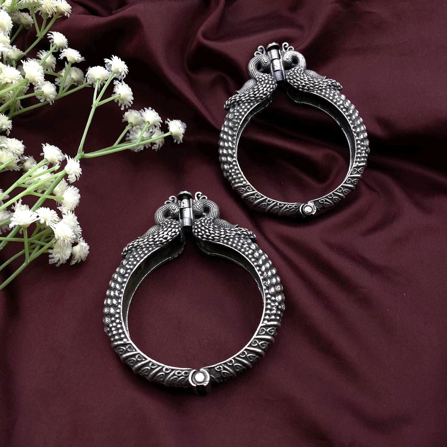 Silver Oxidized Peacock Engraved Openable Kada Bangle Quirky Fashions| Size 2.4 and 2.6 adjustable | Screw Bangle | Peacock design (1 Pair)