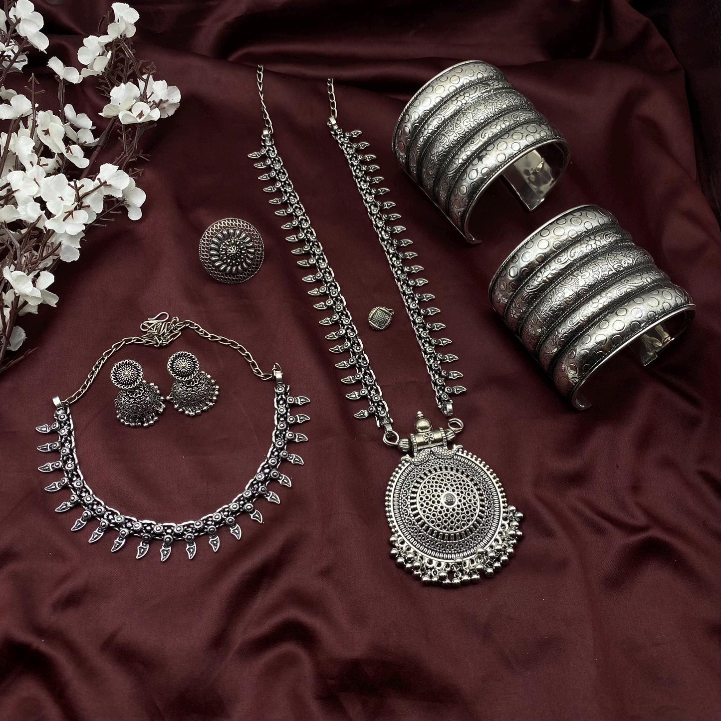 6pc Tribal set, Boho Long Necklace Set, Oxidized Jewelry Set, Ethnic Jewelry, Temple Jewelry, Gift for Xmas, Indian Jewlery Necklace Set