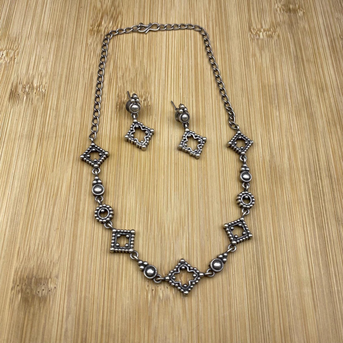 Quirky Fashions Oxidized Silver Choker Necklace Set with Matching Earrings - Antique Brass Square and Circle Motifs