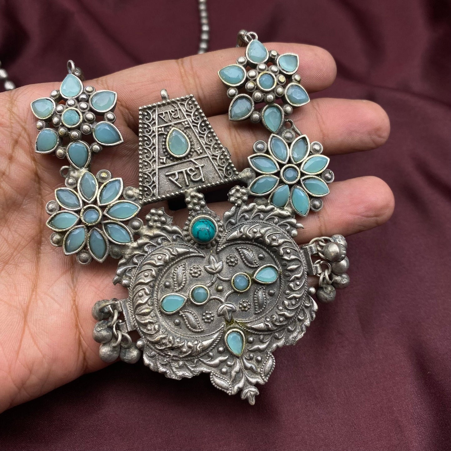 Fusion Statement Oxidised Silver Jewelry Tribal Ethnic Vintage Antique Handmade Necklace SLA Mint Blue Gemstone