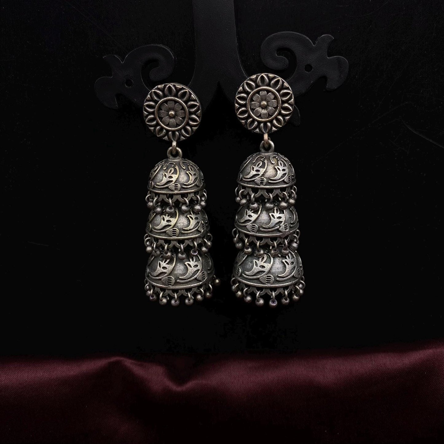 Quirky Fashions Oxidized Silver Triple Jhumka Earrings – Boho Vintage Dangle Earrings for Women