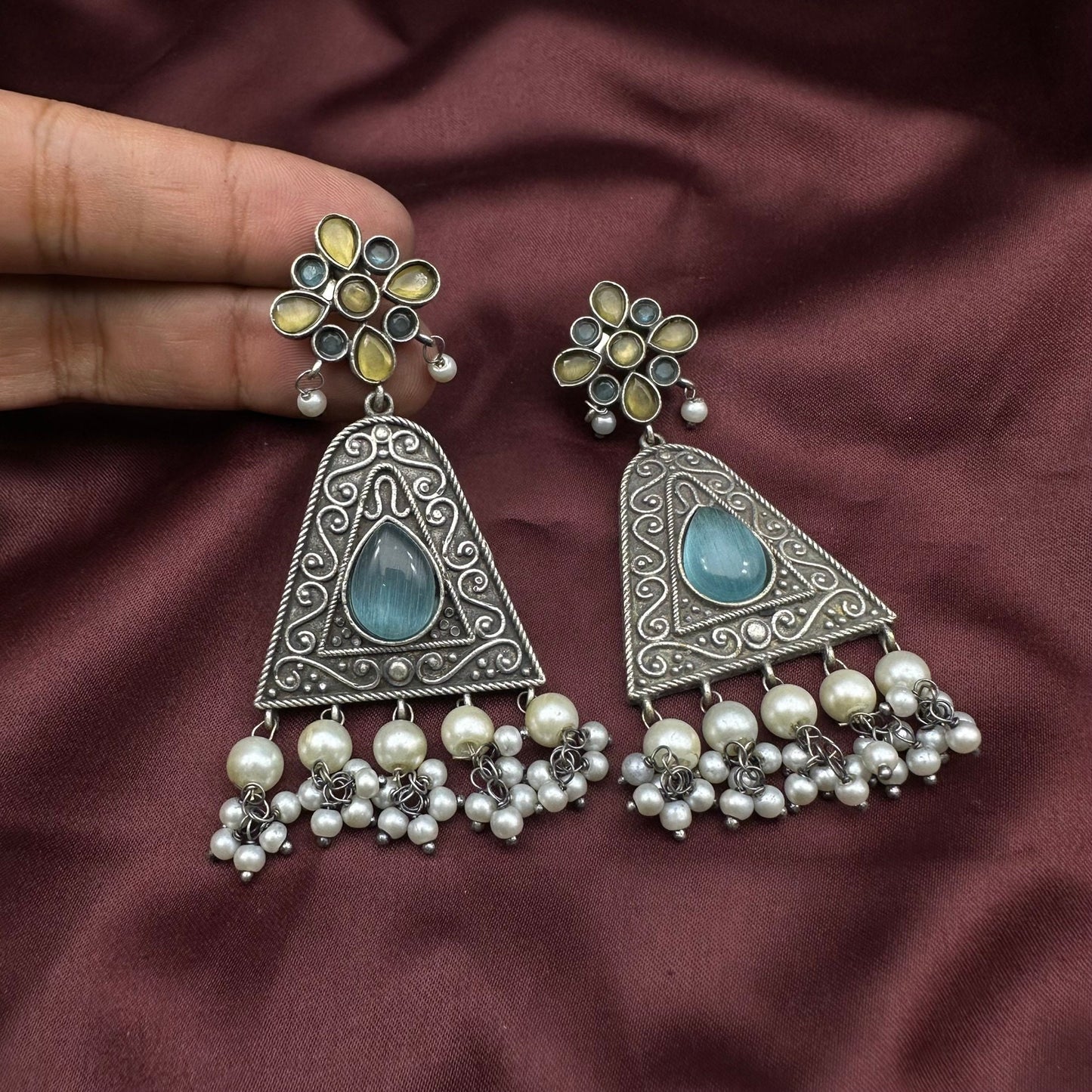 Oxidized Silver Triangle Dangle Earrings with Yellow Stone & Pearl Beads | Boho Tribal Earrings | Available in Multiple Colors