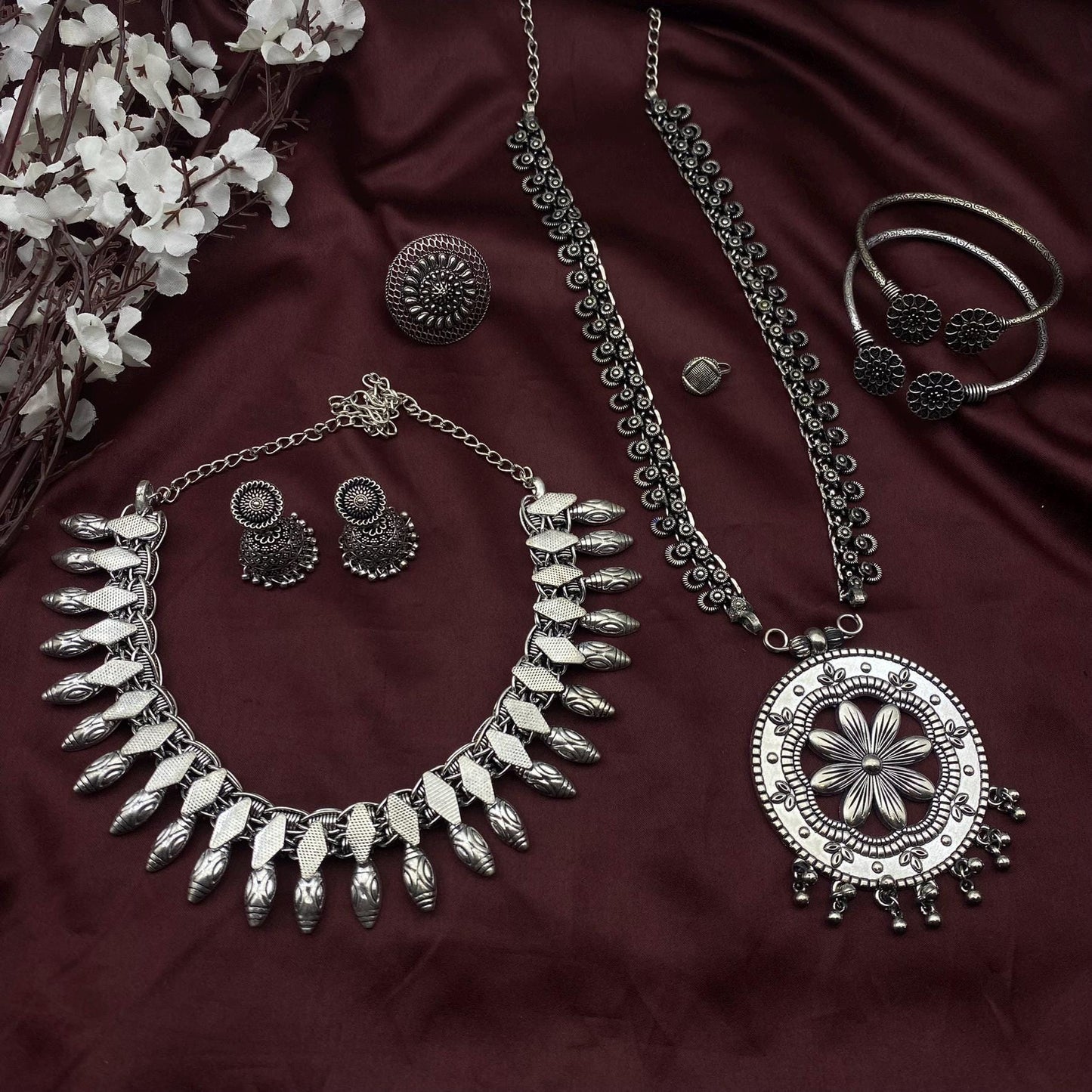 6pc Tribal set, Boho Long Necklace Set, Oxidized Jewelry Set, Ethnic Jewelry, Temple Jewelry, Gift for Xmas, Indian Jewlery Necklace Set