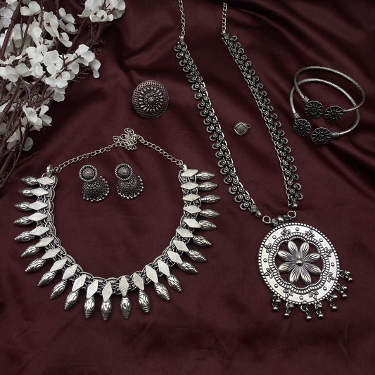 6pc Tribal set, Boho Long Necklace Set, Oxidized Jewelry Set, Ethnic Jewelry, Temple Jewelry, Gift for Xmas, Indian Jewlery Necklace Set