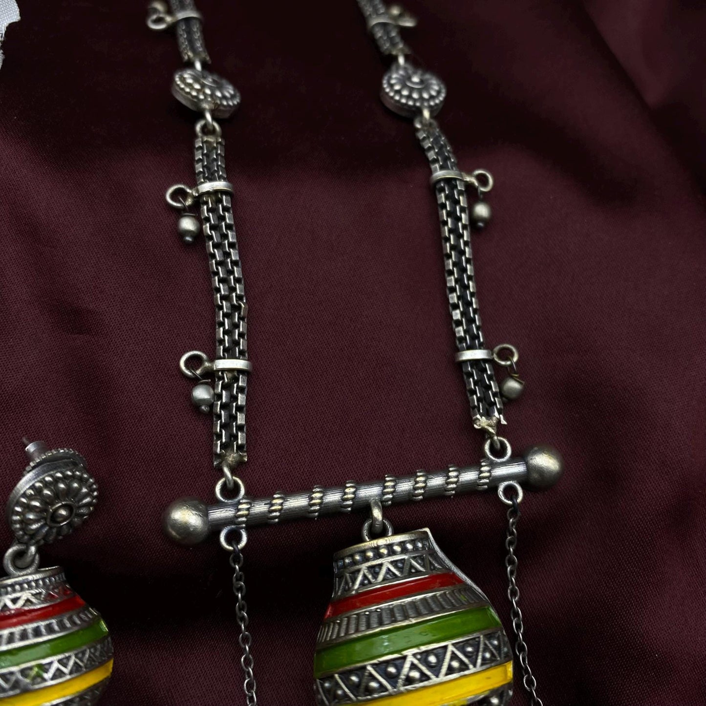 Boho Tribal Oxidized Silver Necklace Set with Hand-Painted Beads | Dangler Earrings & Pendant | Indian Ethnic Jewelry by Quirky Fashions