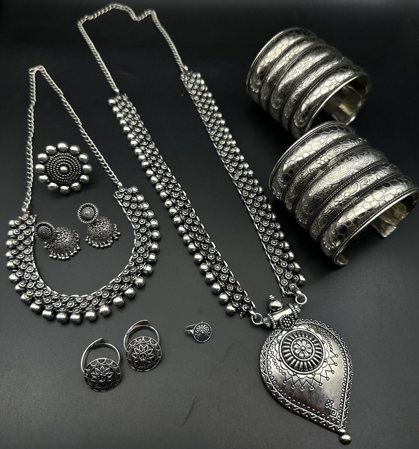 Set of 7 pc Oxidized Jewelry Set, Boho Long Necklace Set, Ethnic Jewelry, Temple Jewelry, Gift for Her, Indian Jewelry Necklace Set, Tribal
