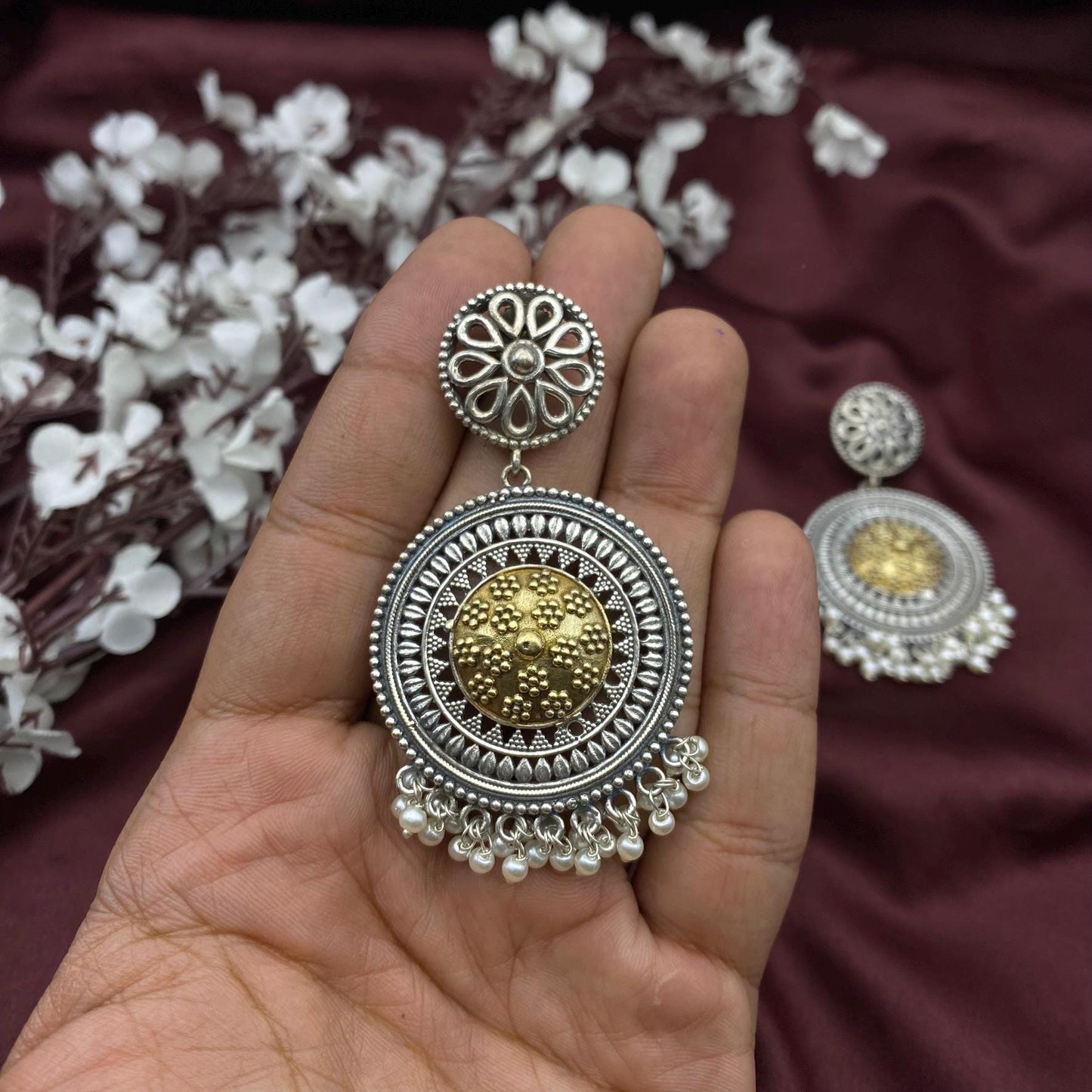 Oxidized Silver and Gold Round Dangle Earrings with Pearl Beads | Boho Indian Statement Earring | Ethnic Festival Jewelry by Quirky Fashions