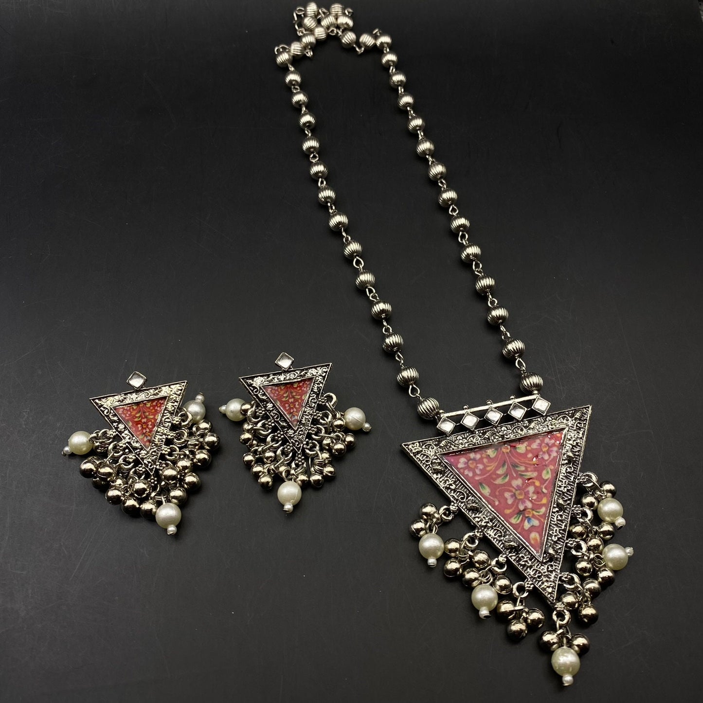 Quirky Fashions Oxidized silver Indian style ethnic wear jewelry necklace set with earrings, banjara necklace, handmade pumpkin beads chain.