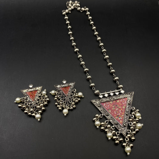 Quirky Fashions Oxidized silver Indian style ethnic wear jewelry necklace set with earrings, banjara necklace, handmade pumpkin beads chain.