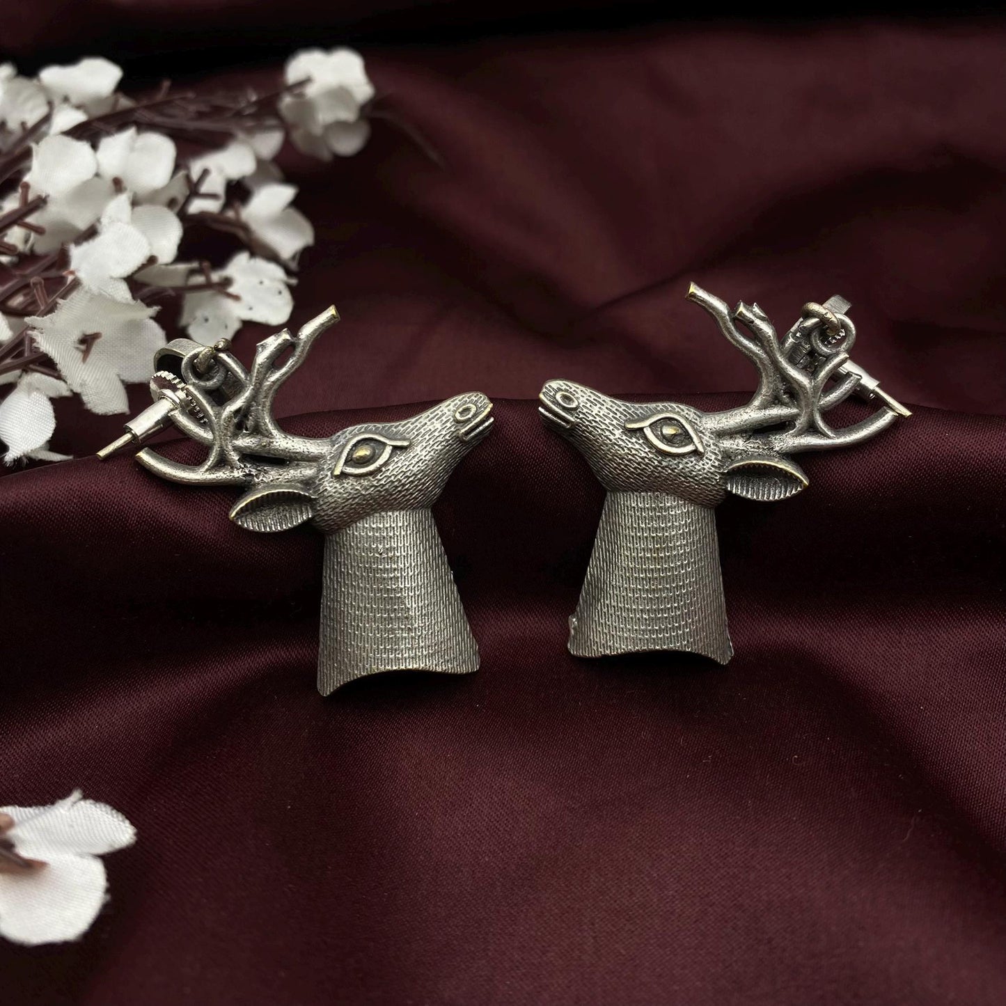 Tribal Deer Head Earrings | Oxidized Silver Statement Dangle Earrings | Ethnic Animal Jewelry for Women | Handmade Boho Festival Accessories