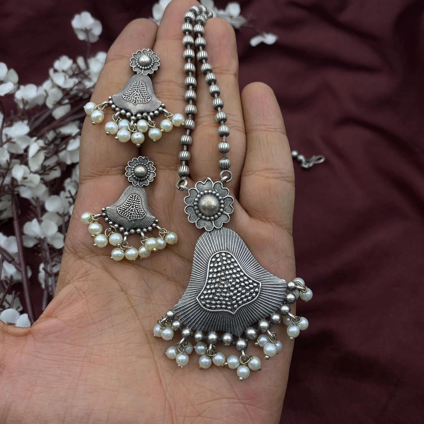 Oxidized Silver Long Necklace Set with Pearls | Tribal Pendant Jewelry with Earrings | Boho Statement Set by Quirky Fashions