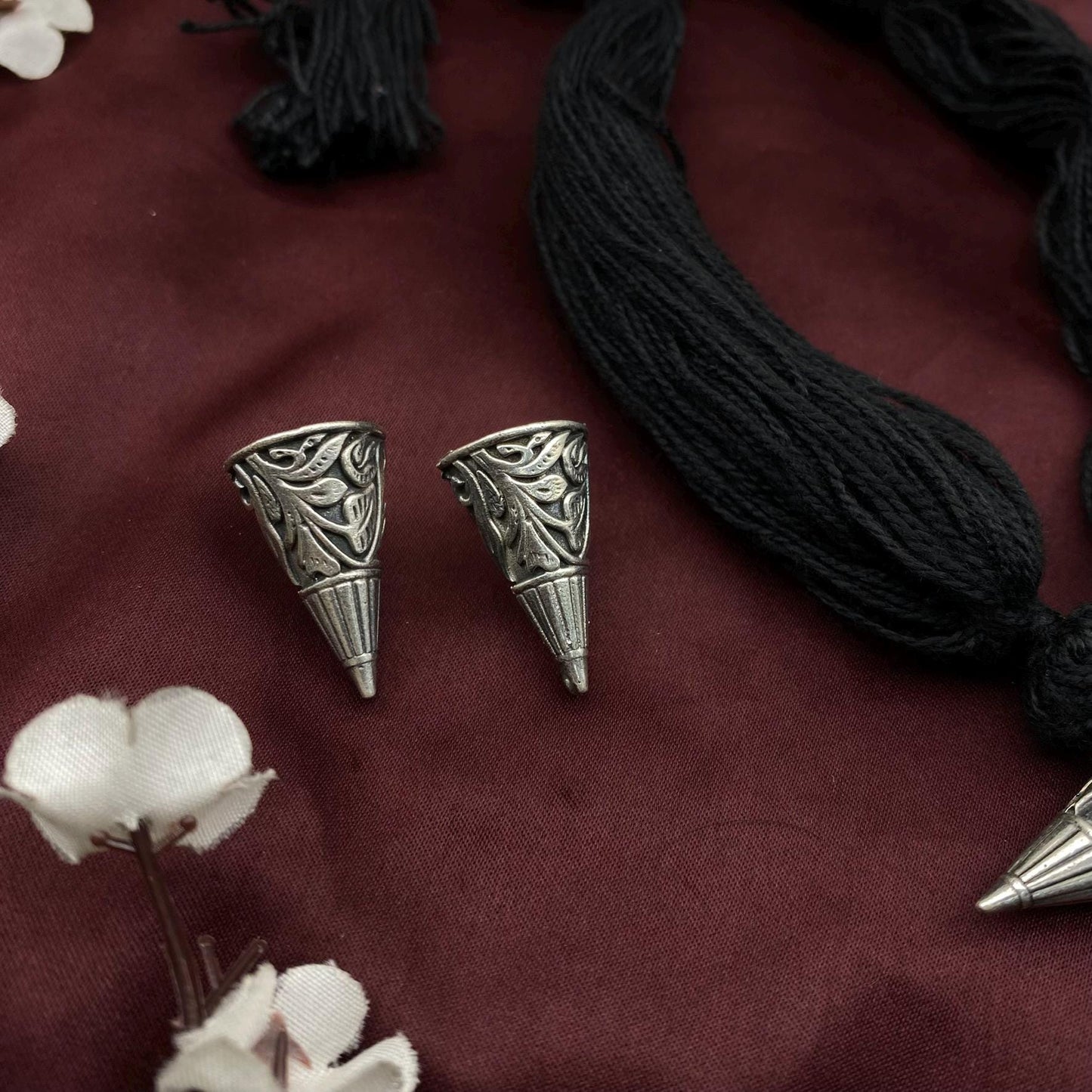Tribal Cone Pendant Necklace Set with Earrings – Black Thread Oxidized Silver Jewelry by Quirky Fashions