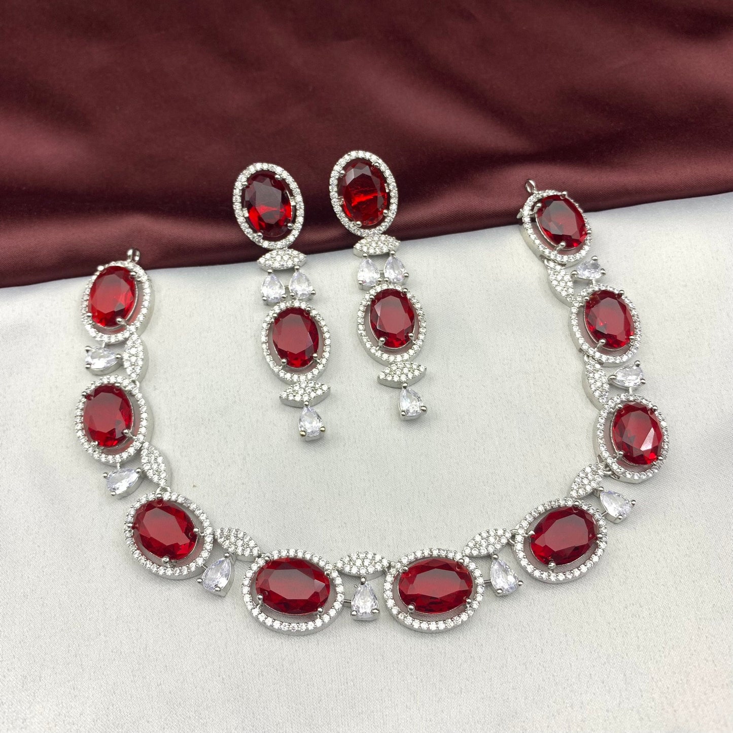 Quirky Fashions Red cherry oval shape stone choker set American diamond CZ necklace Indian style wedding bridal hand studded stone jewelry