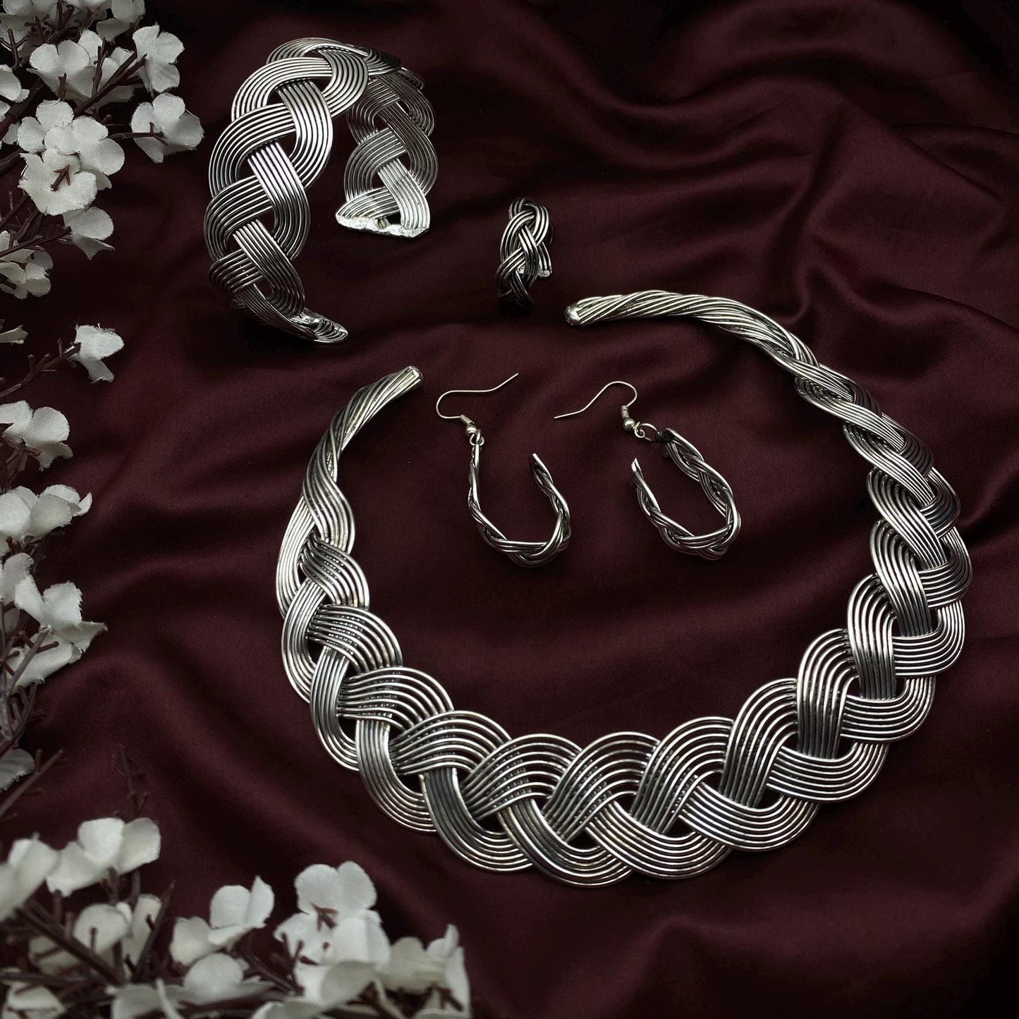 Oxidized Silver Braided Jewelry Set – Statement Necklace, Cuff Bracelet, Hoop Earrings & Ring | Boho Tribal Jewelry Set by Quirky Fashions