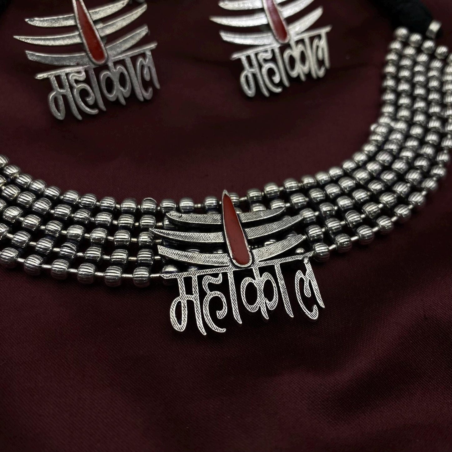 Mahakal Trishul Choker Set with Earrings & Adjustable Ring | Oxidized Silver Hindu Jewelry | Lord Shiva Necklace Set | Gift for Women