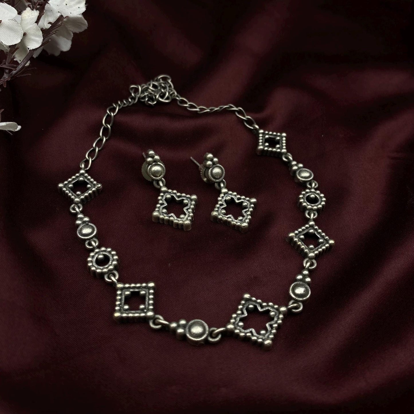 Quirky Fashions Oxidized Silver Choker Necklace Set with Matching Earrings - Antique Brass Square and Circle Motifs