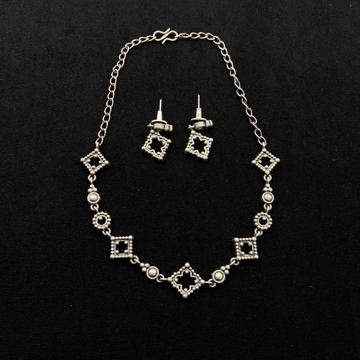 Quirky Fashions Oxidized Silver Choker Necklace Set with Matching Earrings - Antique Brass Square and Circle Motifs