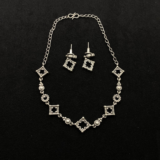 Quirky Fashions Oxidized Silver Choker Necklace Set with Matching Earrings - Antique Brass Square and Circle Motifs