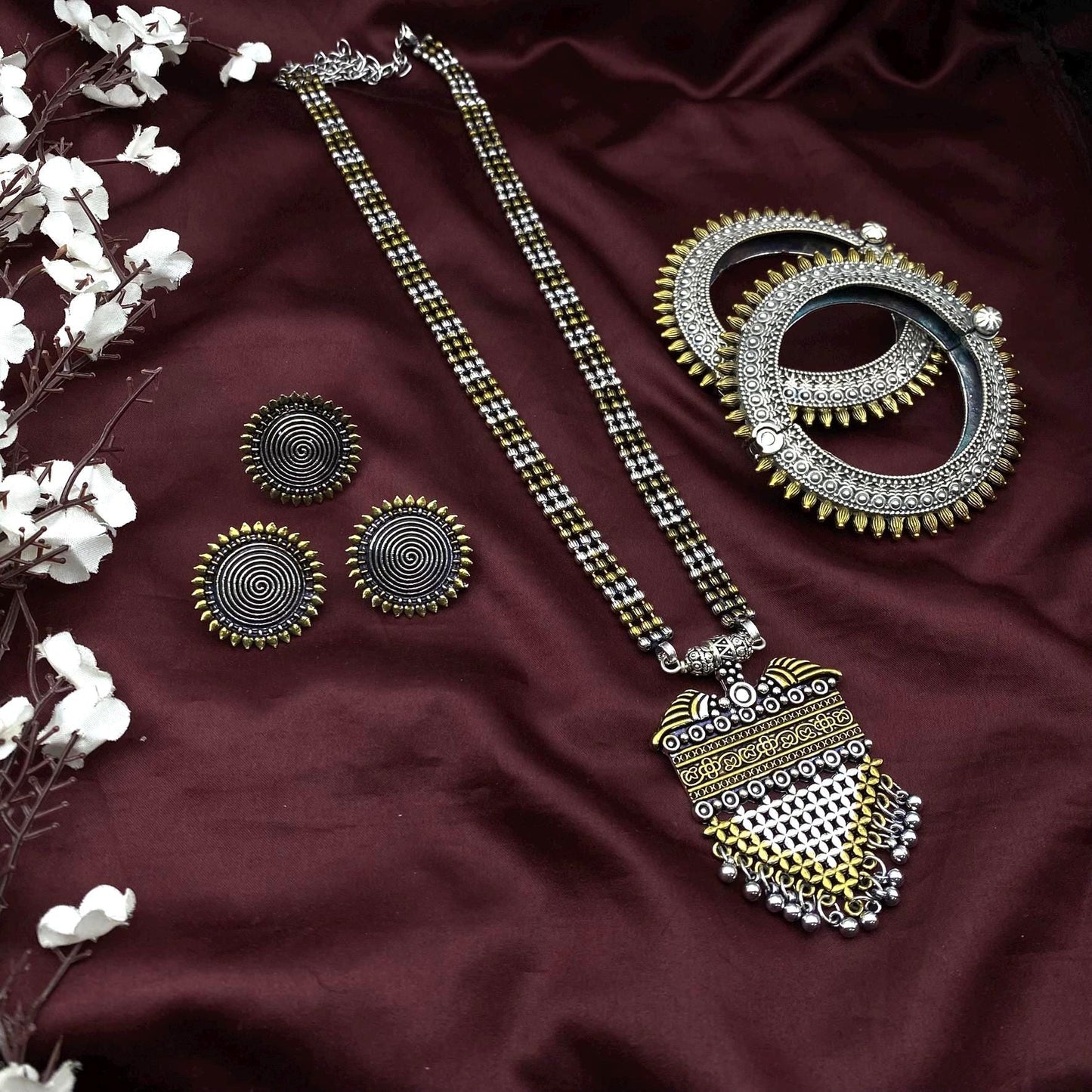 Quirky Fashions Dual tone Oxidized German silver necklace combo set with stud earrings, rings, and bracelets, Indian style jewelry valentine