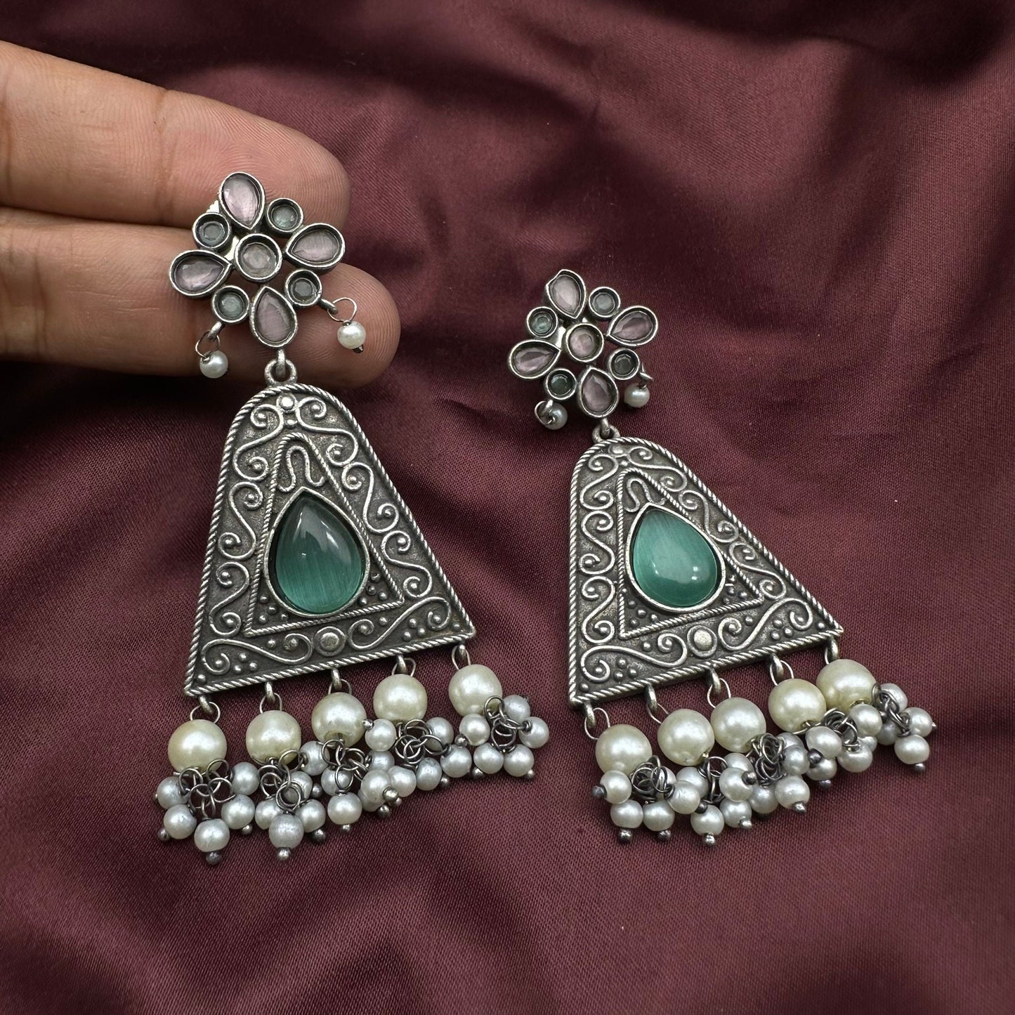 Oxidized Silver Triangle Dangle Earrings with Yellow Stone & Pearl Beads | Boho Tribal Earrings | Available in Multiple Colors