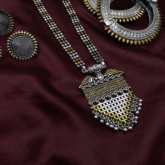 Quirky Fashions Dual tone Oxidized German silver necklace combo set with stud earrings, rings, and bracelets, Indian style jewelry valentine