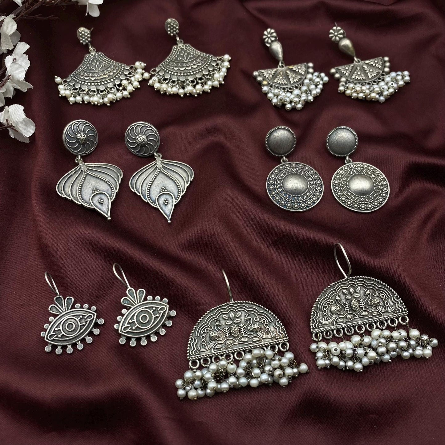 Oxidized Silver Earrings Set - Ethnic Jhumka, Evil Eye, Peacock & Pearl Danglers by Quirky Fashions | Gift pack | Customized gifts for her