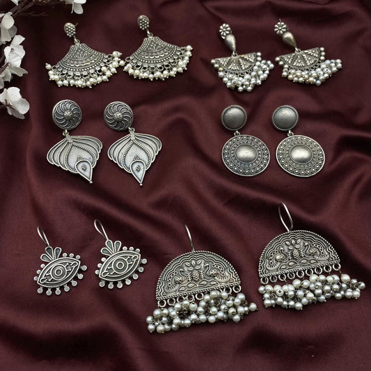 Oxidized Silver Earrings Set - Ethnic Jhumka, Evil Eye, Peacock & Pearl Danglers by Quirky Fashions | Gift pack | Customized gifts for her