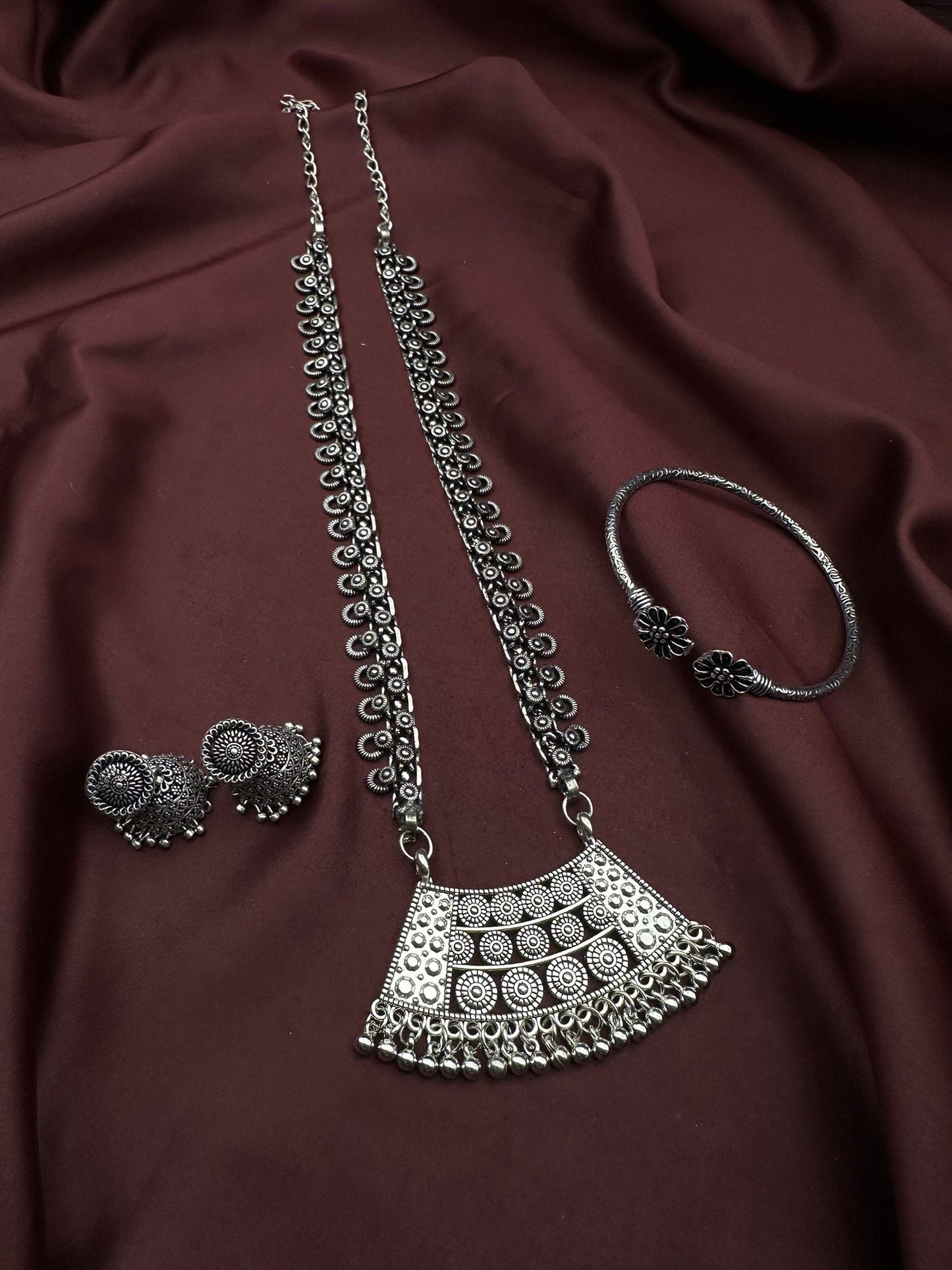 Indian Long Oxidised Jewelry Temple Jewelry with Jhumka Earrings & 1 pc German Silver Adjustable Kada Bangle