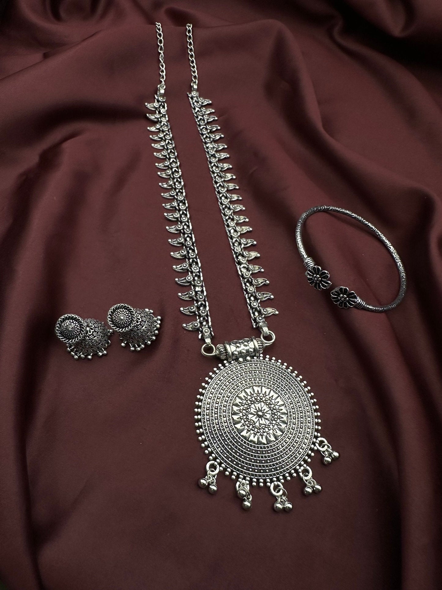 Indian Long Oxidised Jewelry Temple Jewelry with Jhumka Earrings & 1 pc German Silver Adjustable Kada Bangle