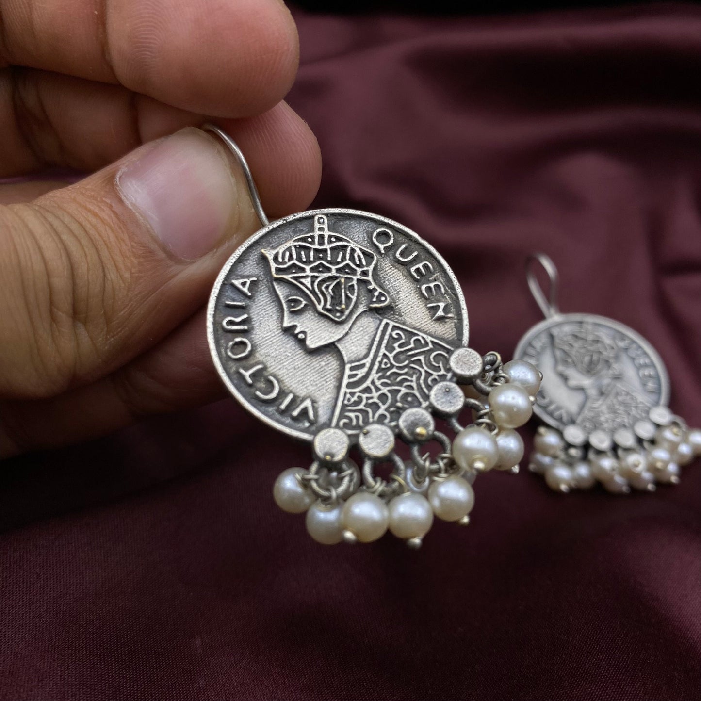 Queen Victoria Silver Oxidised Earrings Indian Jewellery Pearl Hanging Tribal Ethnic Boho Style Quirky Fashions