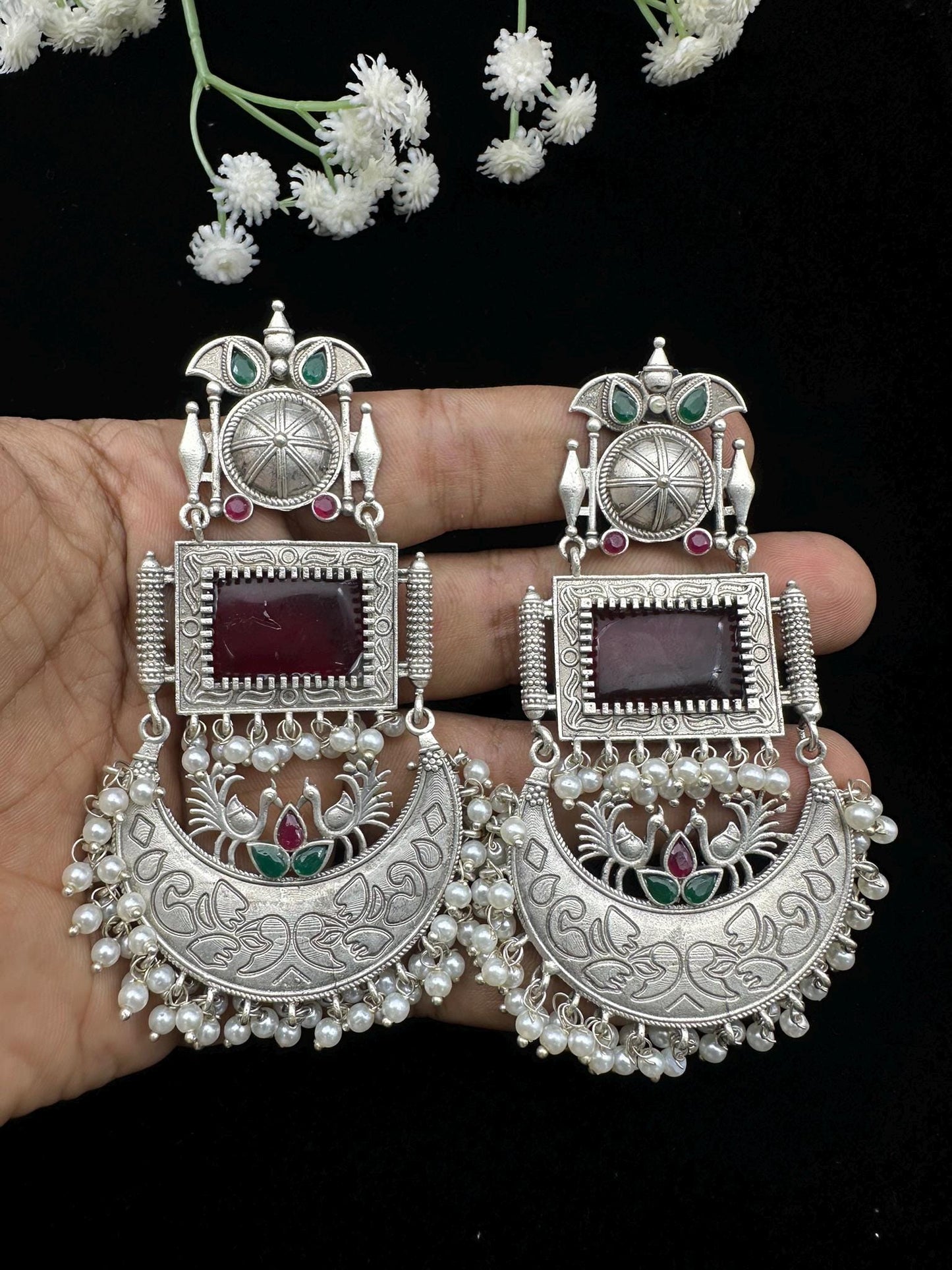 Oxidized Silver Dangle Earrings with Beads – Traditional Ethnic Design – Multiple Color Options
