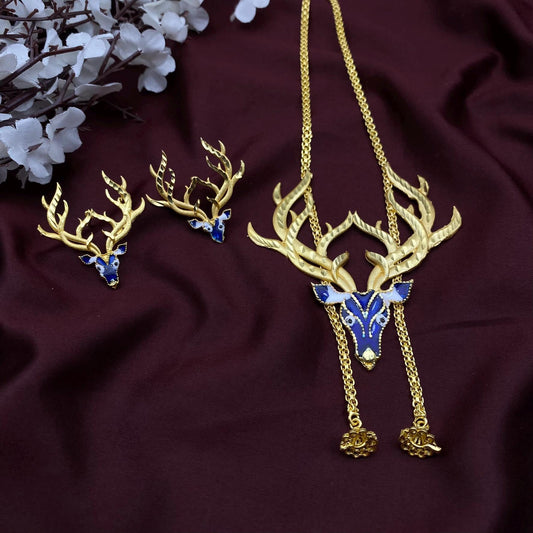 32-Inch Golden Deer Antler Necklace Set with Blue Enamel – Statement Jewelry by Quirky Fashions