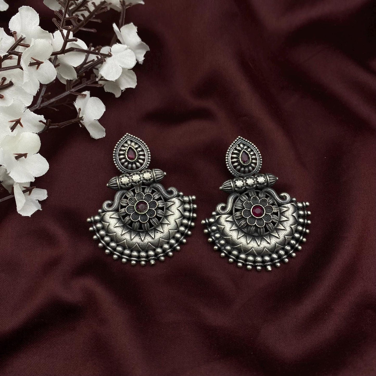 Oxidised Antique Silver Teardrop Floral Chaandbali Earrings by Quirky Fashions – Available in 10 Colors