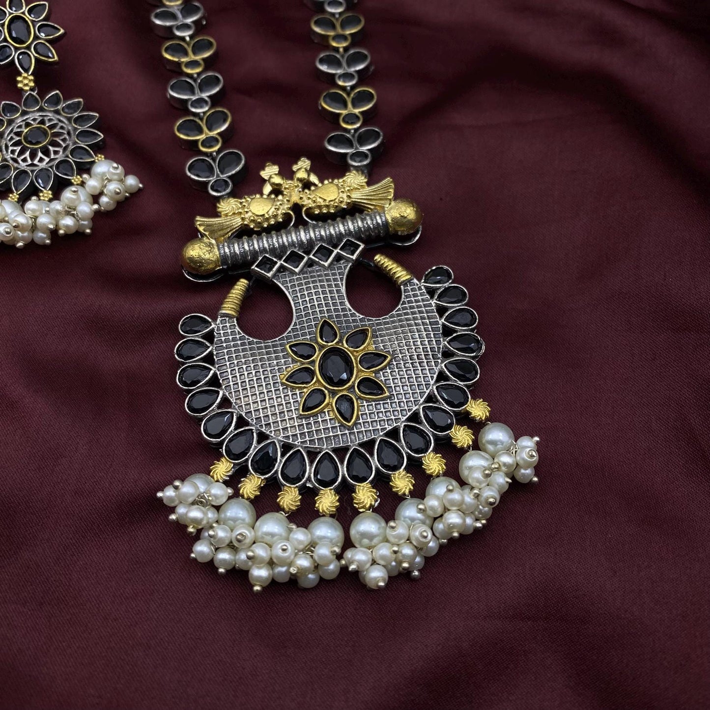 Handcrafted Oxidized Black & Gold Tribal Necklace Set with Pearl Drops | Statement Ethnic Jewelry by Quirky Fashions