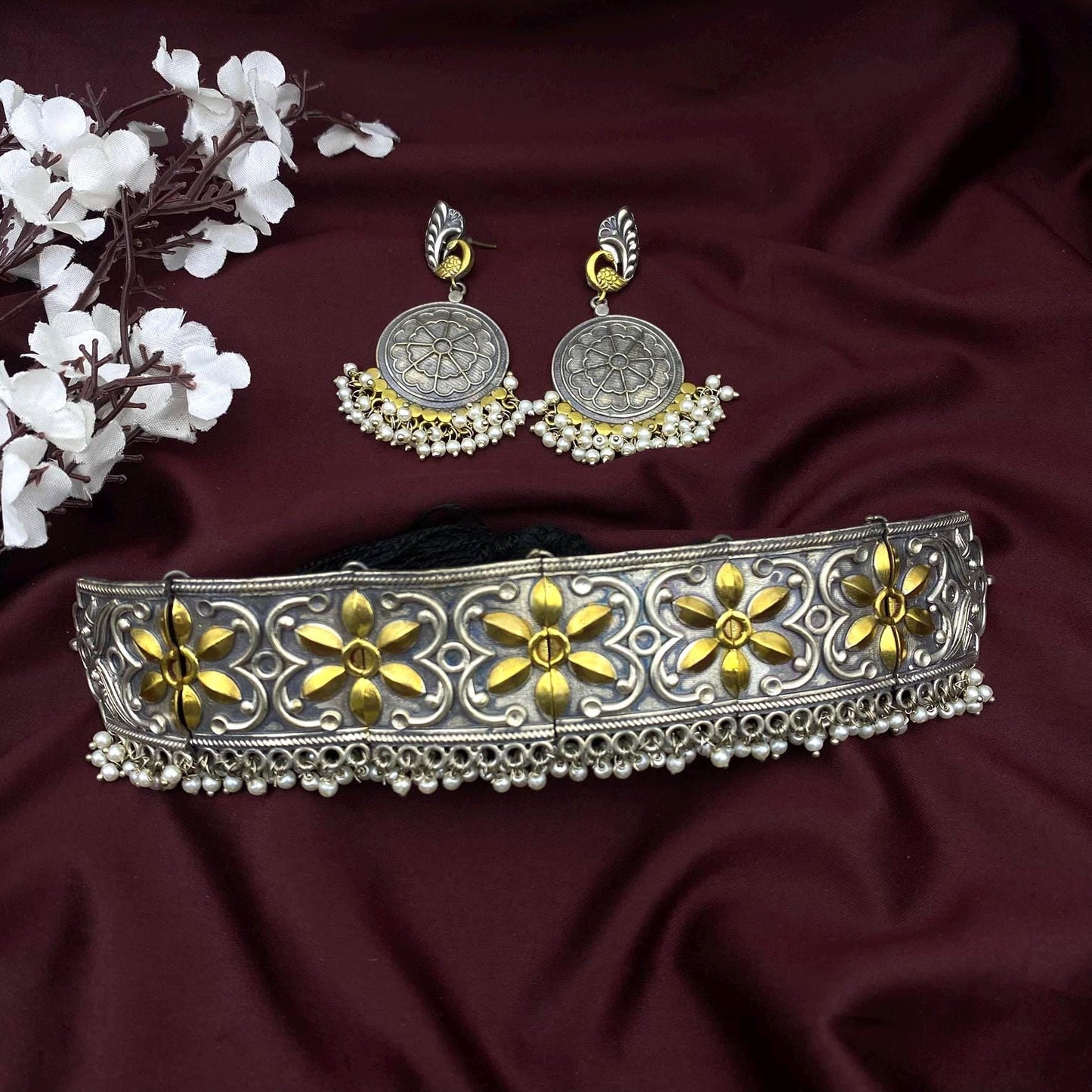 Handcrafted Oxidized Silver Choker Necklace Set | Antique Floral Design | Pearl Drop Earrings | Ethnic Jewelry by Quirky Fashions