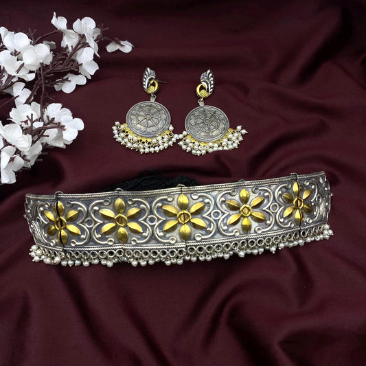 Handcrafted Oxidized Silver Choker Necklace Set | Antique Floral Design | Pearl Drop Earrings | Ethnic Jewelry by Quirky Fashions
