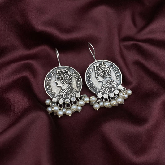Queen Victoria Silver Oxidised Earrings Indian Jewellery Pearl Hanging Tribal Ethnic Boho Style Quirky Fashions