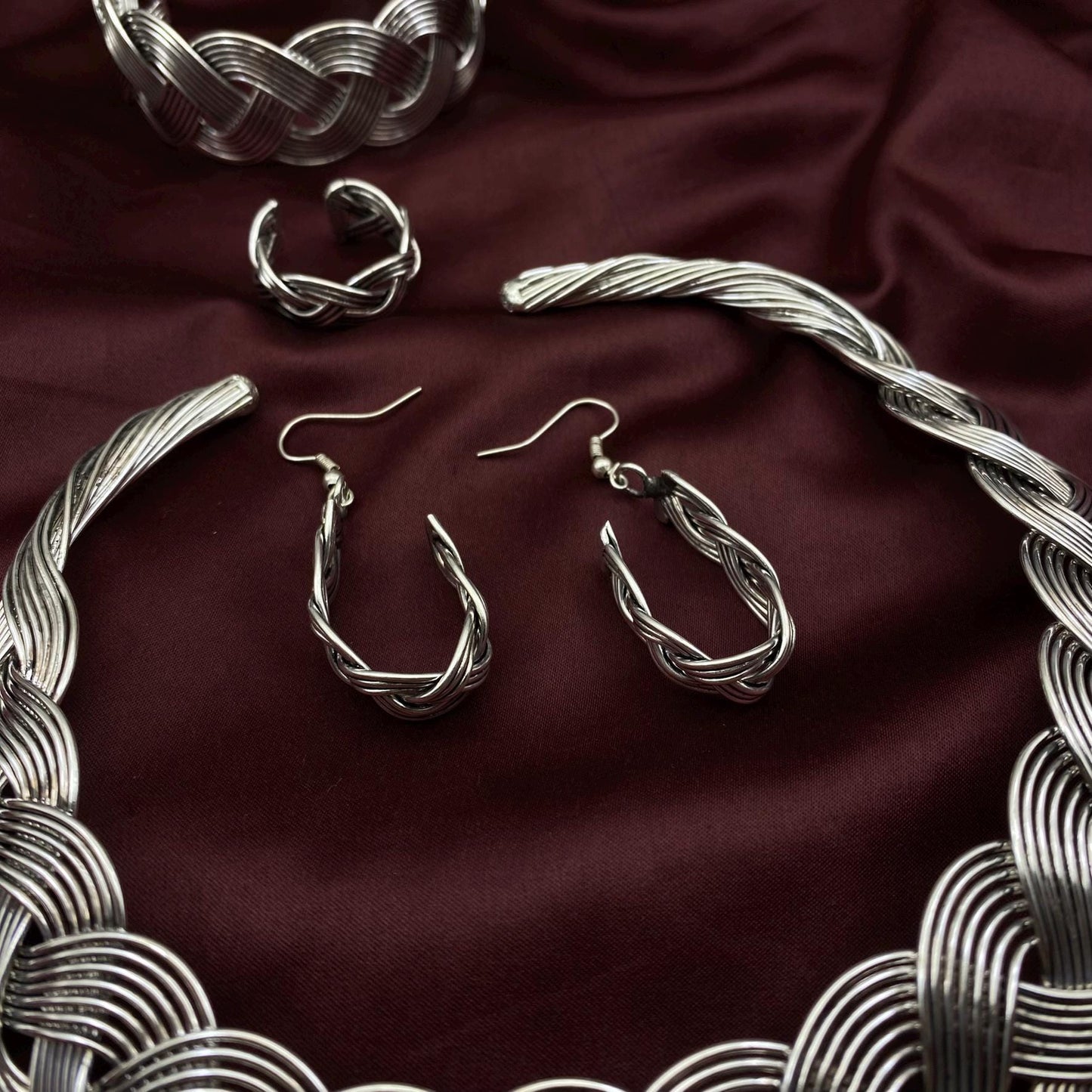 Oxidized Silver Braided Jewelry Set – Statement Necklace, Cuff Bracelet, Hoop Earrings & Ring | Boho Tribal Jewelry Set by Quirky Fashions