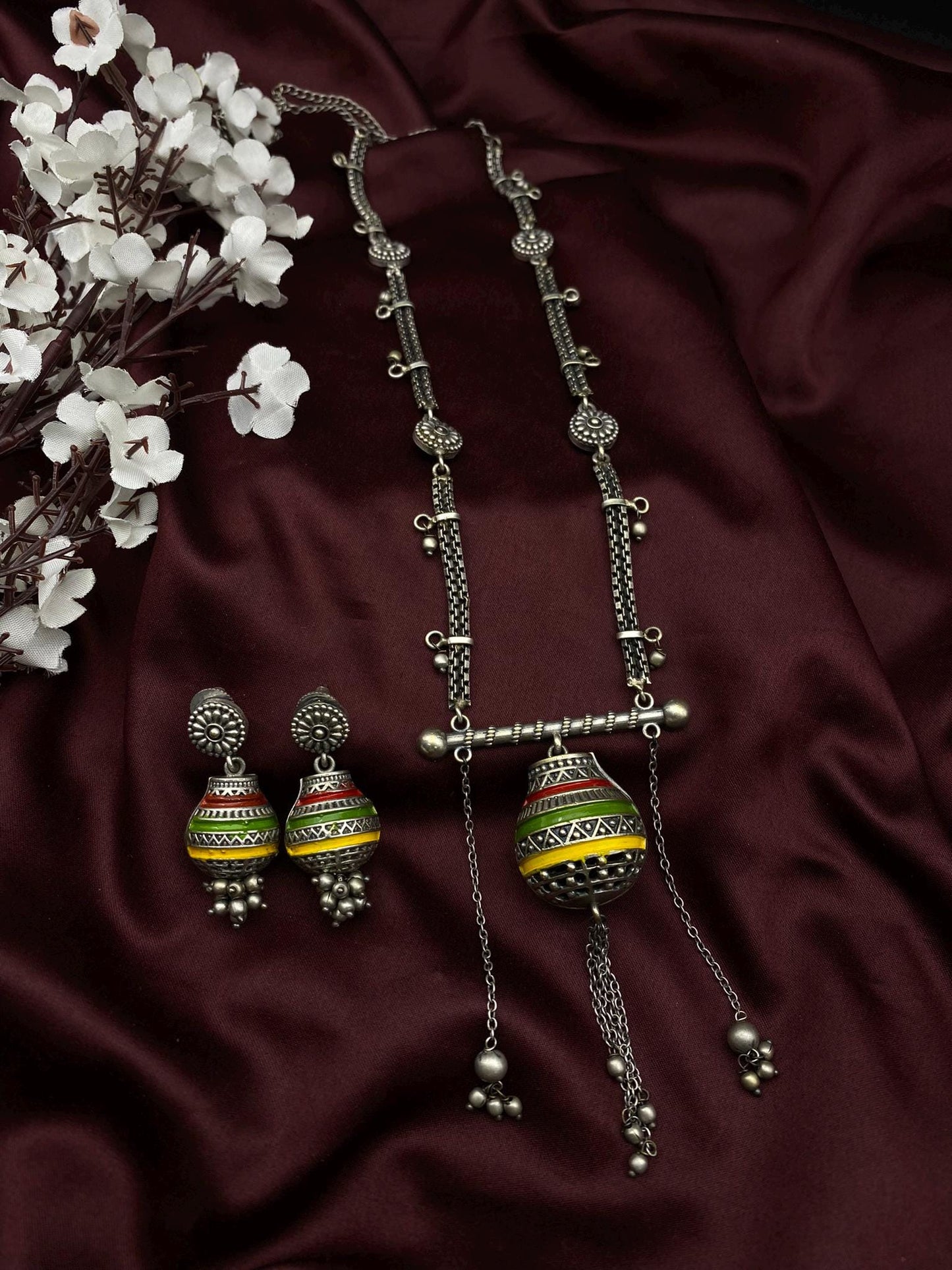 Boho Tribal Oxidized Silver Necklace Set with Hand-Painted Beads | Dangler Earrings & Pendant | Indian Ethnic Jewelry by Quirky Fashions