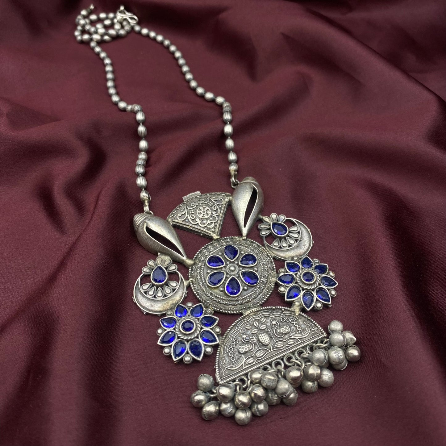 Floral Fusion Statement Oxidised Antique Silver Jewelry Tribal Ethnic Handmade Vintage Ghungroo Necklace Temple Jewelry South Indian Jewelry