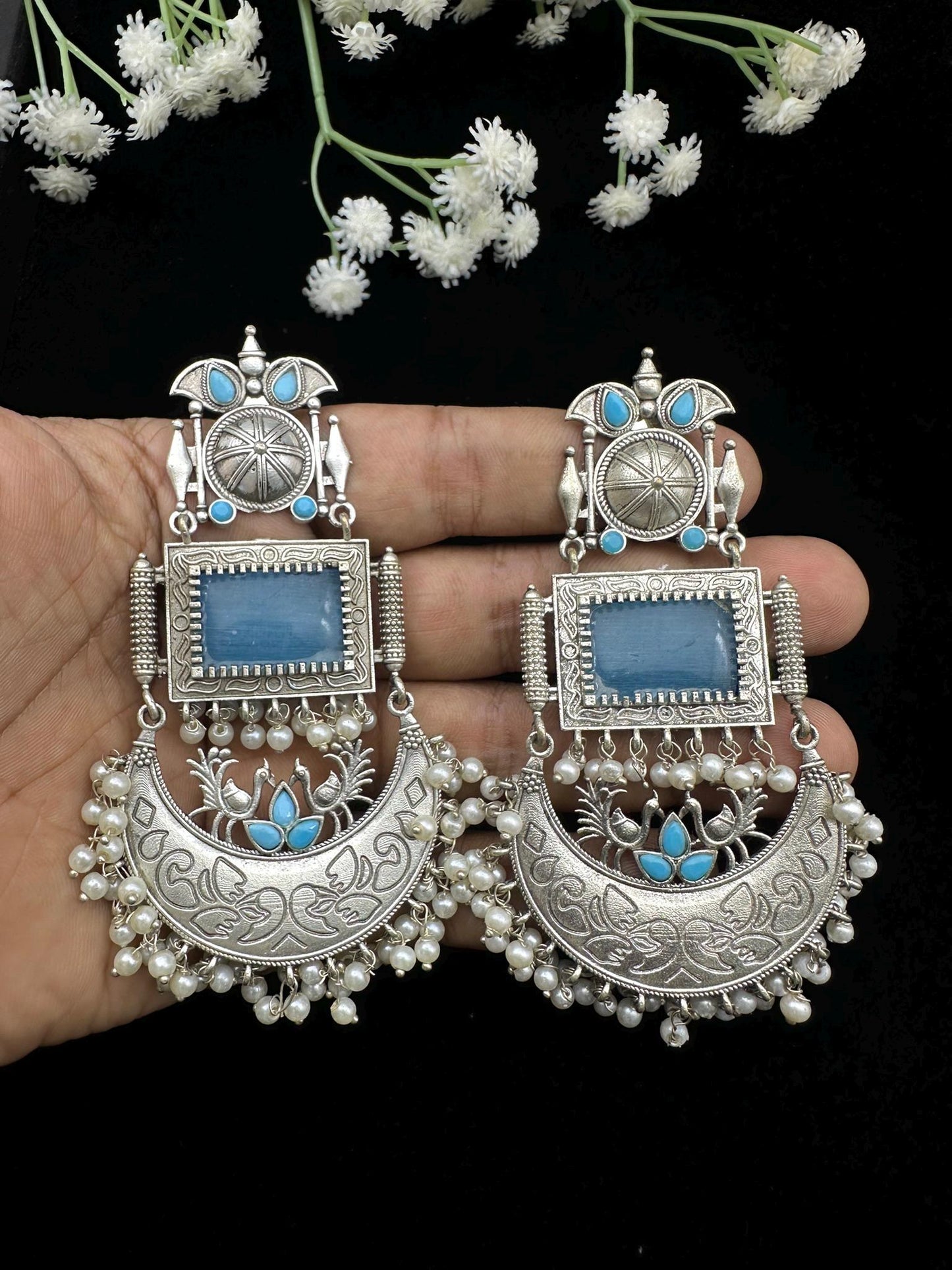 Oxidized Silver Dangle Earrings with Beads – Traditional Ethnic Design – Multiple Color Options