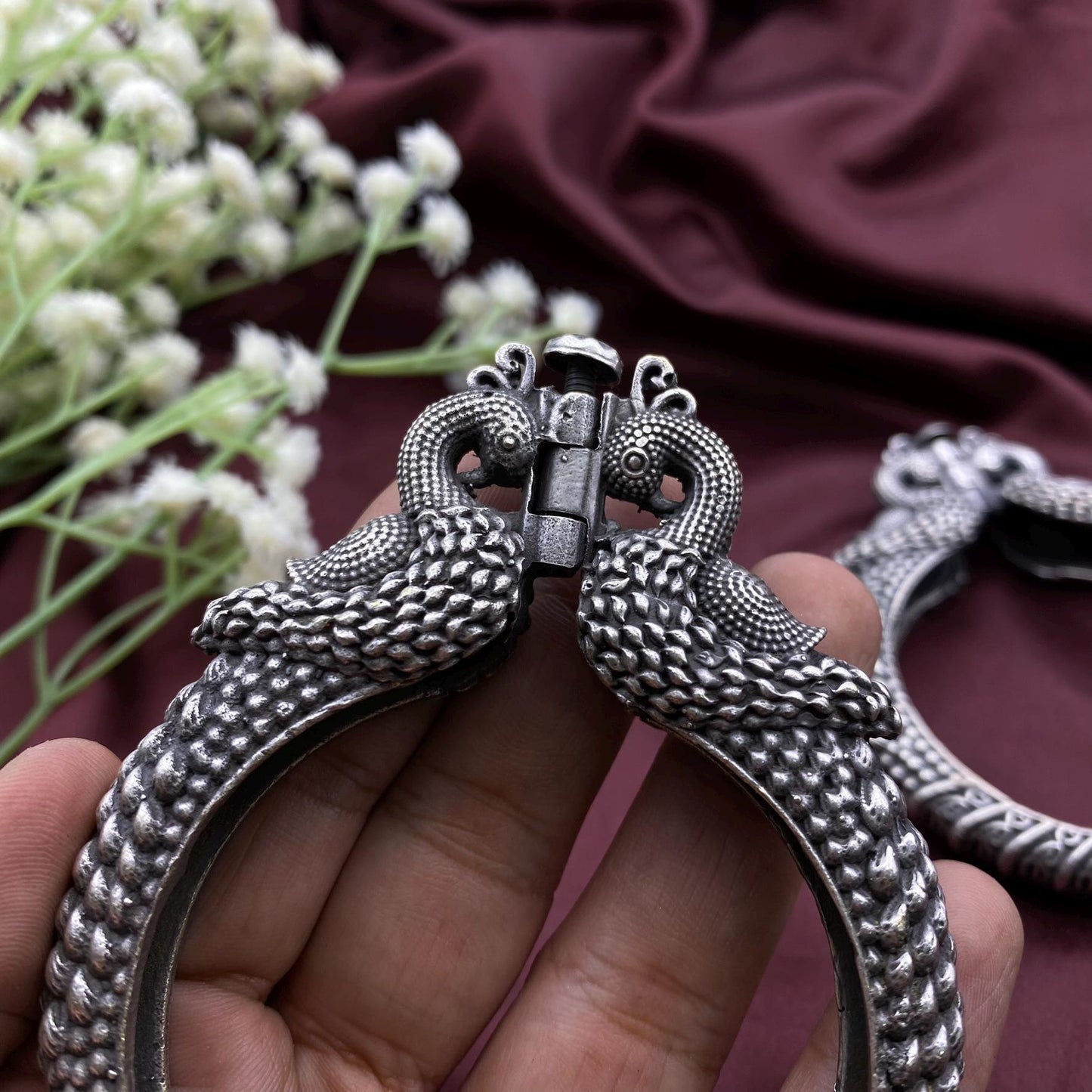 Silver Oxidized Peacock Engraved Openable Kada Bangle Quirky Fashions| Size 2.4 and 2.6 adjustable | Screw Bangle | Peacock design (1 Pair)