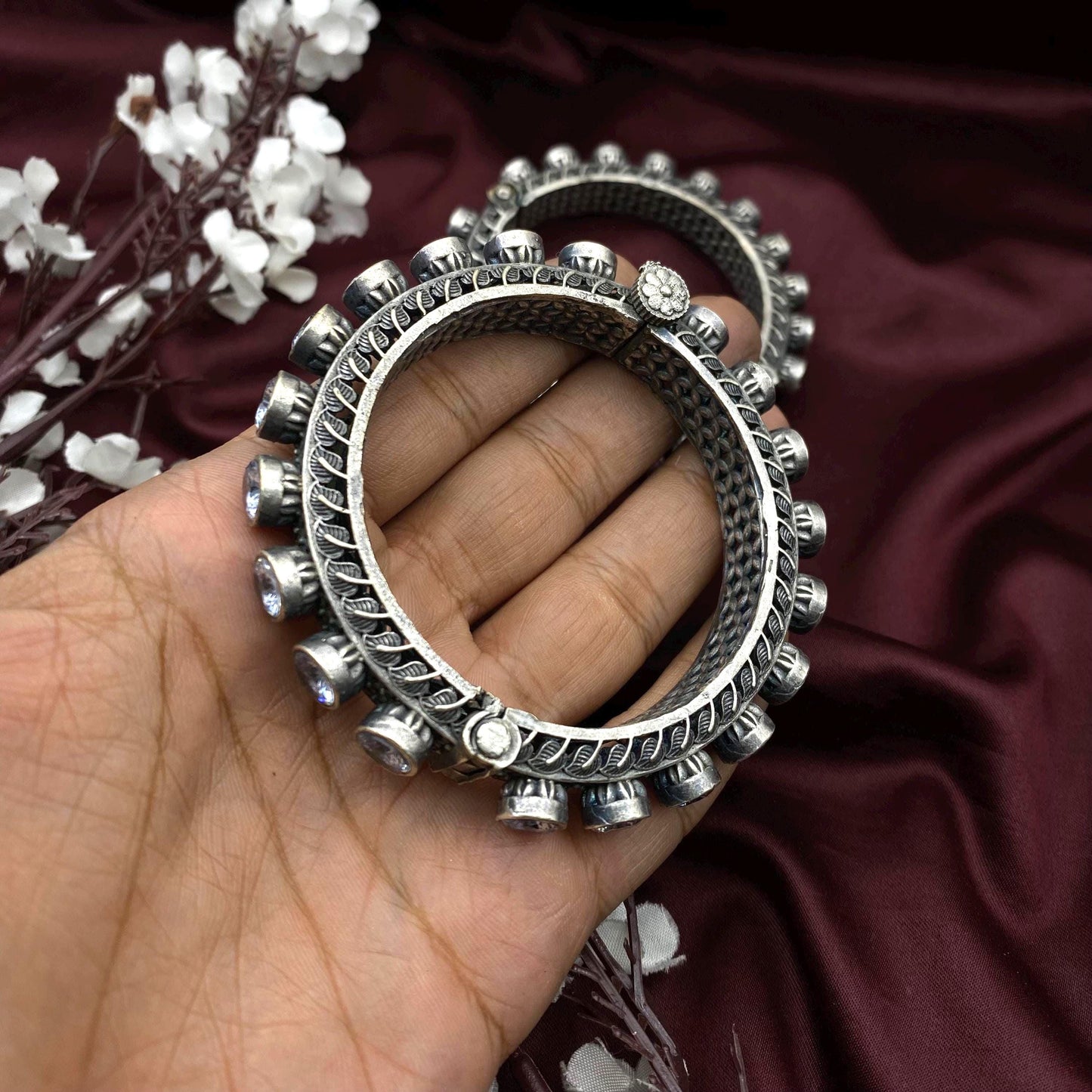 Oxidized Silver Screw Bangles with White Stones | Traditional Statement Kada | Adjustable Antique Cuff Bracelet for Women | Ethnic Indian Je