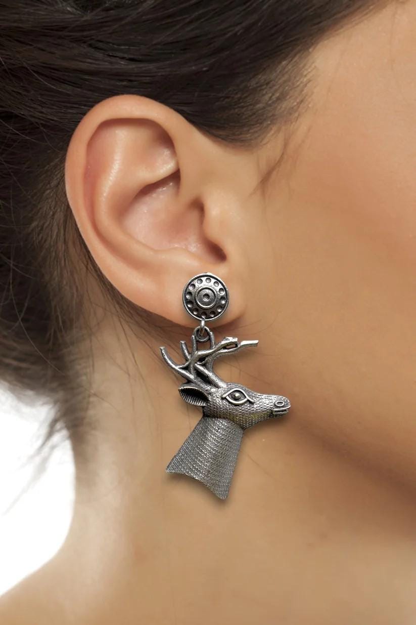 Tribal Deer Head Earrings | Oxidized Silver Statement Dangle Earrings | Ethnic Animal Jewelry for Women | Handmade Boho Festival Accessories