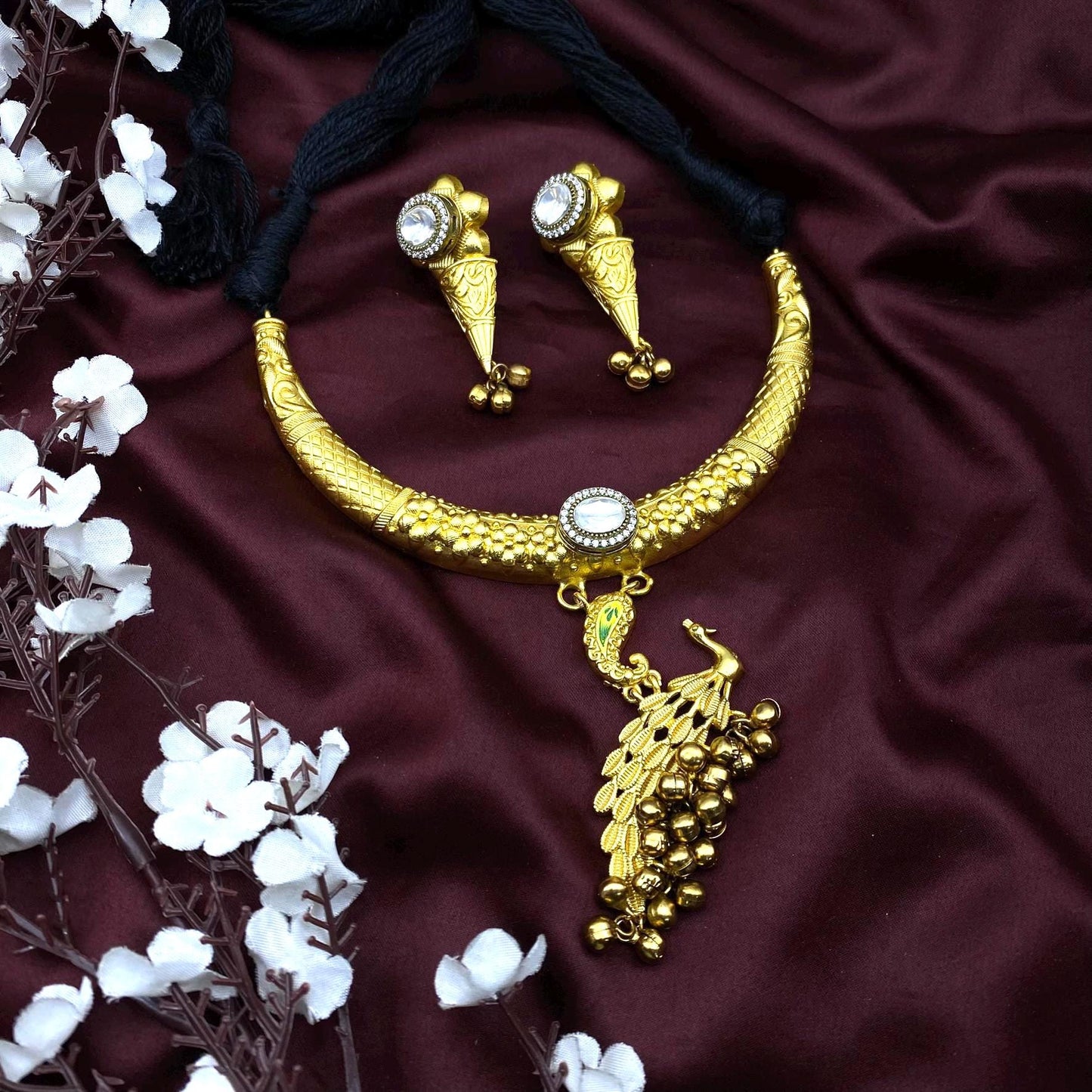 South Indian Temple Jewelry Hasli Necklace Set with Peacock Pendant & Earrings – Gold Tone Bridal Choker by Quirky Fashions